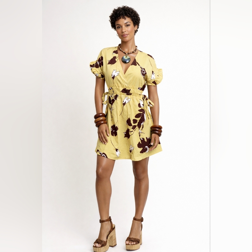 Chepe Italian Yellow Floral Drawstring Mini Dress Boho Resort S